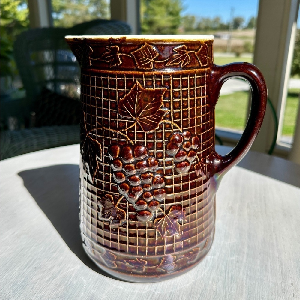 ANTIQUE, NORTH STAR POTTERY, “GRAPES ON LATTICE” PITCHER.
